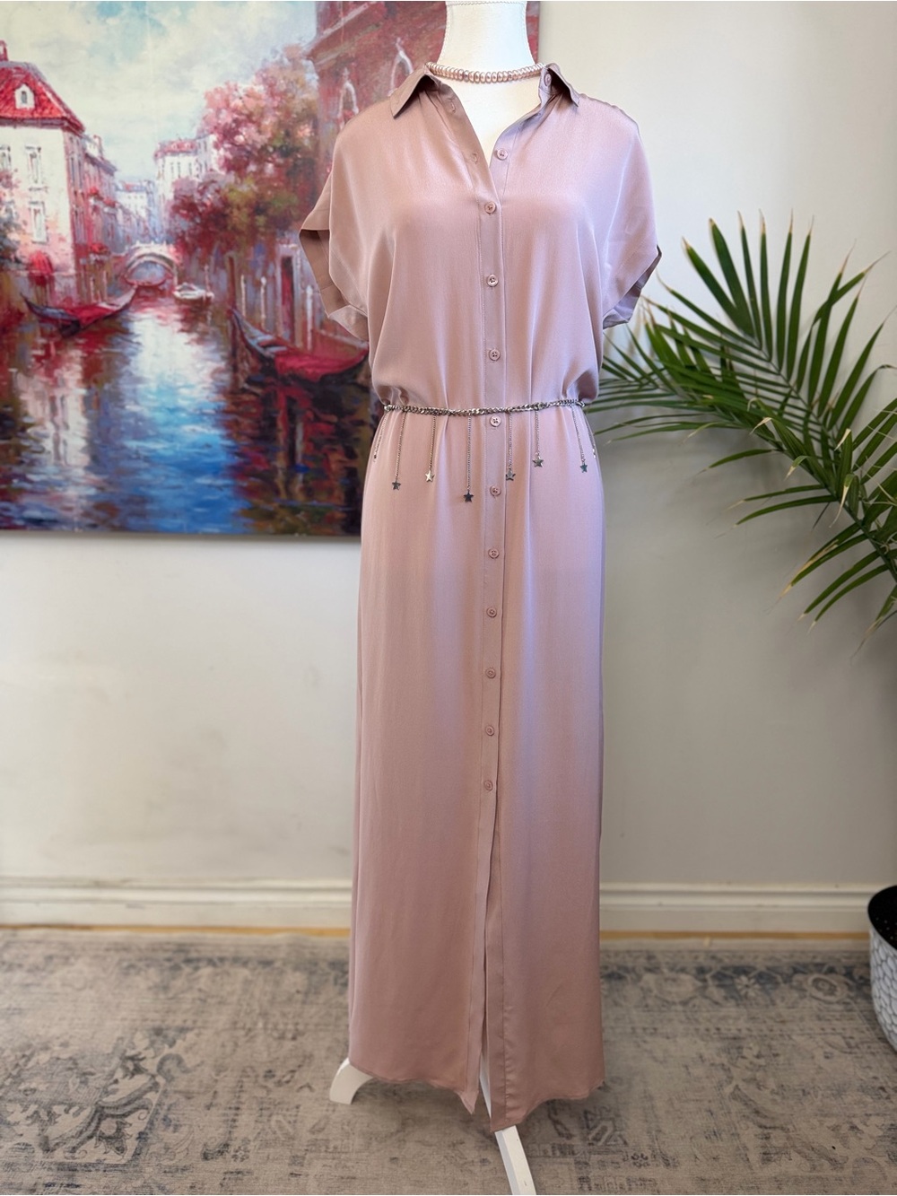 Club Monaco 100% Silk Dusty Rose Button Front Maxi Shirt Dress Size 4